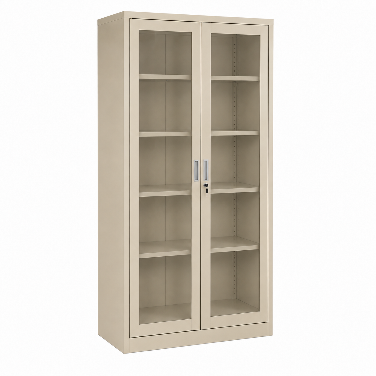 Armario metálico con puertas de vidrio y 5 estantes color beige