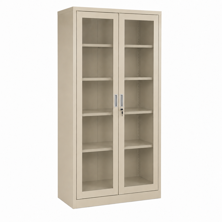 Armario metálico con puertas de vidrio y 5 estantes color beige